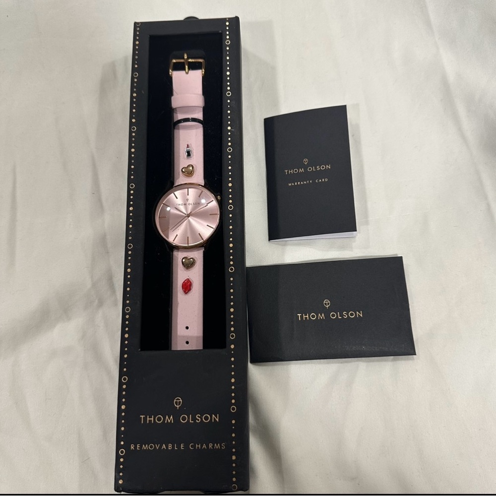 Thom Olson Women's Pink Leather Strap Watch Removable Charms! + Box $89.00 New!